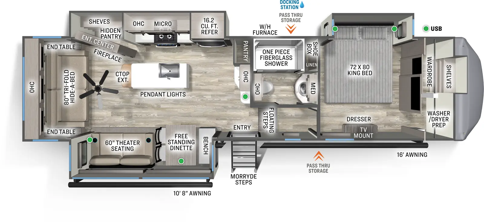 The Sandpiper Fifth Wheels 3370RLS floorplan has one entry and three slide outs. Exterior features include: fiberglass exterior and 10'8" & 16' awning. Interiors features include: kitchen island, free-standing dinette option, front bedroom and rear living.